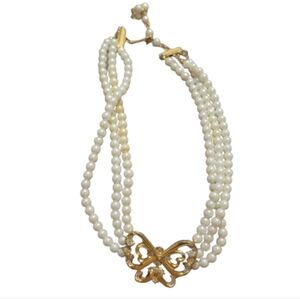 Butterfly Pearl Choker Signed NR 3 Strand Pearl Gold Tone Butterfly Rhinestones